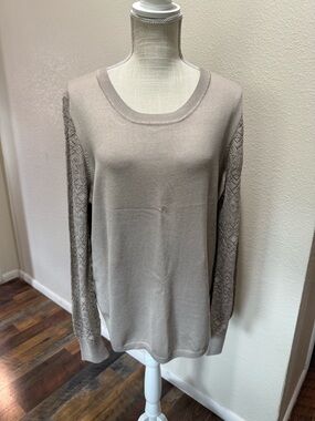 Lety & Me - Women’s Taupe Knit Sweater with Textured Sheer Sleeves - Size XL
